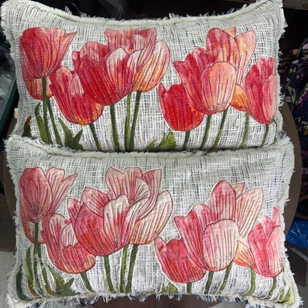 Floral Throw Pillows Cotton Embroidered 24 X 16" Set of 2 Spring Summer Gorgeous